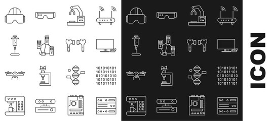 Poster - Set line Server, Data, Web Hosting, Binary code, Smart Tv, Robotic robot arm hand factory, Computer network, Syringe, Virtual reality glasses and Air headphones icon. Vector
