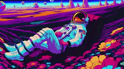Wall Mural - Astronaut in a spacesuit lies on a field of flowers, surrealistic animation. Dreamy cosmic animation, vivid colors illustrations, transformations and metamorphose. AI generated video Generative AI