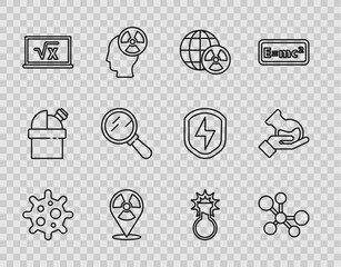 Set line Virus, Molecule, Planet earth and radiation, Radioactive in location, Square root of x glyph, Magnifying glass, Test tube flask and icon. Vector
