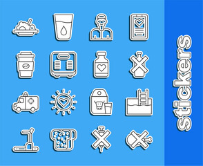 Wall Mural - Set line No meat, Swimming pool with ladder, alcohol, Positive thinking, Bathroom scales, Coffee cup to go, Healthy food and Vitamin pill icon. Vector