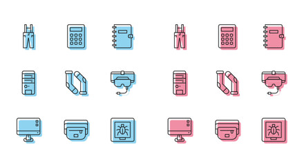 Poster - Set line Computer monitor screen, Waist bag of banana, Pants with suspenders, Insects in frame, Socks, Virtual reality glasses, and Calculator icon. Vector