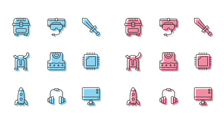 Poster - Set line Rocket ship, Headphones, Antique treasure chest, Computer monitor screen, Waistcoat, Processor with CPU, Viking in horned helmet and Virtual reality glasses icon. Vector