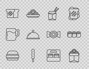 Sticker - Set line Burger, Noodles in box, Asian noodles and chopsticks, Lollipop, Bread toast, Covered with tray, Coffee cup go and Sushi icon. Vector