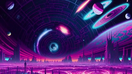 Wall Mural - Futuristic cosmic animation with deep space, galaxy, and futuristic cityscape on planet. Bright cosmic animation with illustrations transformations and metamorphose. AI generated Generative AI