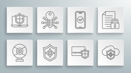 Sticker - Set line Security camera, Smart key, Shield, Credit card with shield, Cloud and, Smartphone, Document lock and Laptop protected icon. Vector