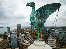 Aerial View Of The Liver Bird On Top Of The Liver Building In Liverpool, England