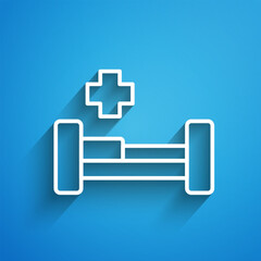 Poster - White line Hospital bed icon isolated on blue background. Long shadow. Vector