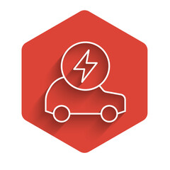 Sticker - White line Electric car and electrical cable plug charging icon isolated with long shadow background. Renewable eco technologies. Red hexagon button. Vector