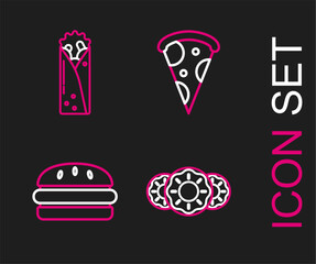 Sticker - Set line Donut with sweet glaze, Burger, Slice of pizza and Doner kebab icon. Vector