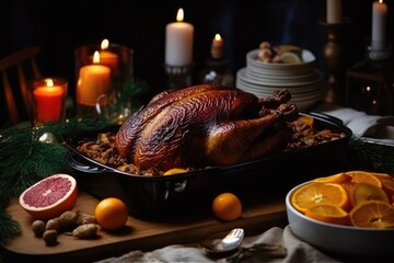 Wall Mural - Roast duck in a baking dish on a wooden table with other ingredients to serve a festive dinner. AI generative