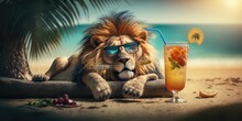 Lion Is On Summer Vacation At Seaside Resort And Relaxing On Summer Beach Generative AI
