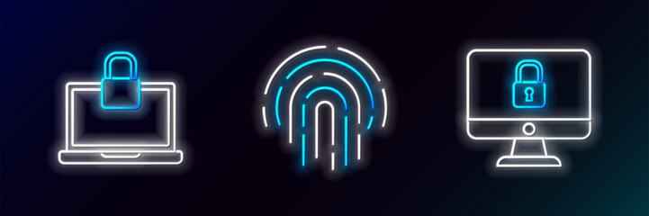 Poster - Set line Lock on computer monitor screen, Laptop and lock and Fingerprint icon. Glowing neon. Vector