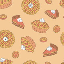 Pumpkin Pie Cake Vector Seamless Pattern. Retro Thanksgiving Day Background. Autumn Bakery Surface Design For Textile, Scrapbook, Card Making 