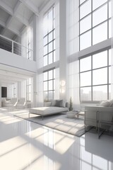 Wall Mural - Luxurious Modern Design: An Elegant White Marble Loft Interior with Huge Windows and Sunlight. Generative AI