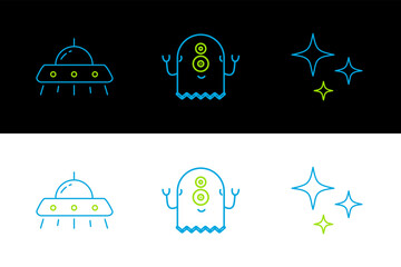 Poster - Set line Falling star, UFO flying spaceship and Alien icon. Vector