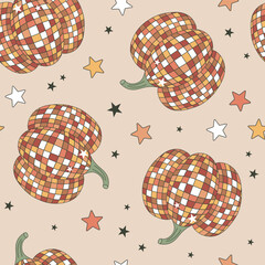 Groovy disco pumpkin vector seamless pattern. Retro Thanksgiving day background. Autumn fall surface design for textile, scrapbook, card making 