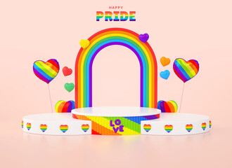 Wall Mural - PRIDE Day stand background with hearts, balloons and big rainbow for product display and LGBTQIA+ month celebration in 3D illustration