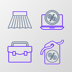 Sticker - Set line Discount percent tag, Briefcase, Percent discount and laptop and Skirt icon. Vector