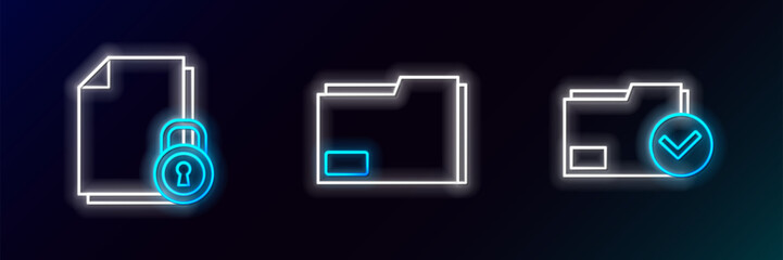 Wall Mural - Set line Document folder and check mark, lock and icon. Glowing neon. Vector