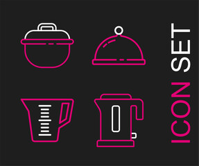 Sticker - Set line Electric kettle, Measuring cup, Covered with tray of food and Cooking pot icon. Vector