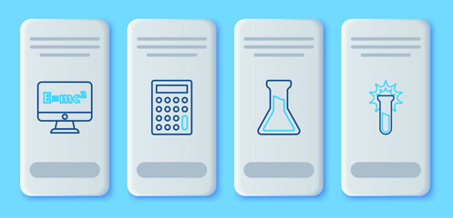 Set line Calculator, Test tube and flask, Equation solution and icon. Vector