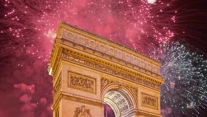 Wall Mural - Celebratory fireworks over the Arc de Triomphe ( 4K, time lapse, with zoom), Paris, France. The walls of the arch are engraved with the names of 128 battles and names of 660 French military leaders 