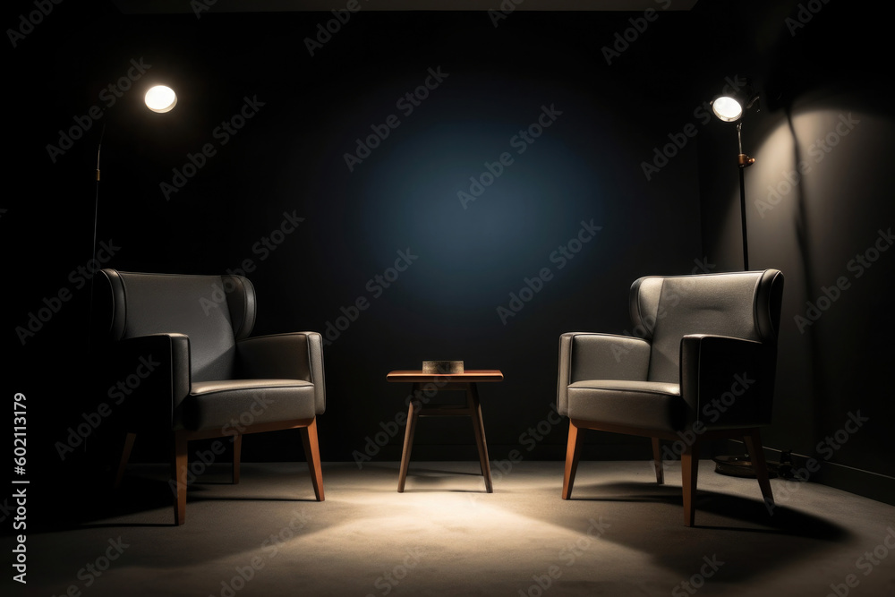 Studio for interview and podcast. Two empty chairs and spotlights in ...