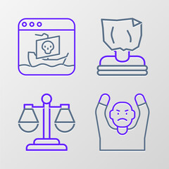 Poster - Set line Thief surrendering hands up, Scales of justice, Kidnaping and Internet piracy icon. Vector