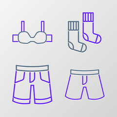 Sticker - Set line Short or pants, Socks and Bra icon. Vector