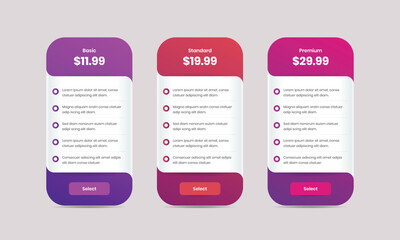 Wall Mural - professional pricing comparison table design with colorful gradient for business and service subscri