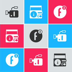 Sticker - Set Cinema camera, News on radio channel and Create account icon. Vector