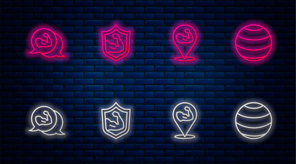 Wall Mural - Set line Bodybuilder muscle, , and Fitness ball. Glowing neon icon on brick wall. Vector