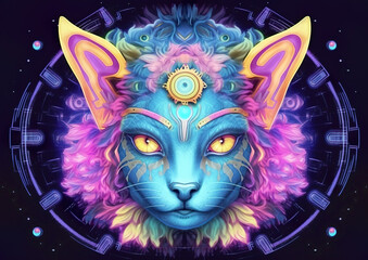 Wall Mural - Cute cat portrait cyberpunk representation. Pleasant soothing color wallpaper. Generative AI.