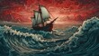 Poster Art Meets Generative AI: Red and Blue Sailboat Painting, Detailed Characters in Graphic Novel Style