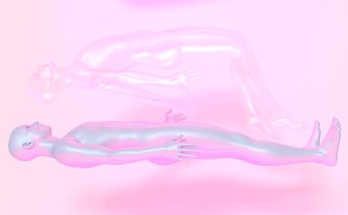 Surreal futuritic 3D illustration a human figure floating in the void  and a soul or astral projection. Concept of a meditation and out-of-body experience.