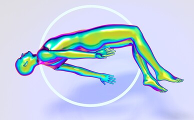 Poster - Human figure floating in the void and a neon ring in the background. 3D surreal illustration.