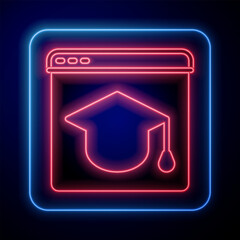Glowing neon Online education and graduation icon isolated on black background. Online teacher on monitor. Webinar and video seminar learning. Vector