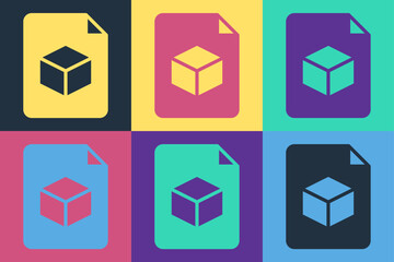 Poster - Pop art Isometric cube file icon isolated on color background. Geometric cubes solid icon. 3D square sign. Box symbol. Vector