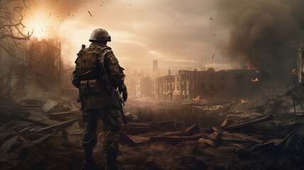 Soldier in the middle of a war in an apocalyptic city. Image generated by AI.