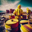 Scientists / workers in chemicals protective suits investigate waste collectors with toxic chemicals in a landfill, environmental pollution, AI generated and digitally subsequently processed.