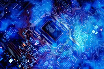Poster - Technology chip circuit board background, futuristic generative ai illustration of microchip processor with lights