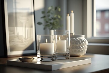 white aromatic candles in bedroom or hotel. AI Generated Generative AI
