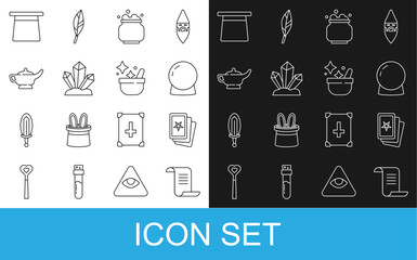 Canvas Print - Set line Ancient magic book, Three tarot cards, Magic ball, Witch cauldron, stone, lamp or Aladdin, hat and icon. Vector