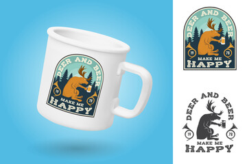 White camping cup. Realistic mug mockup template with sample design. Deer and beer make me happy. Vector. Vintage typography design with deer, beer and hunting horn silhouette. Outdoor adventure hunt