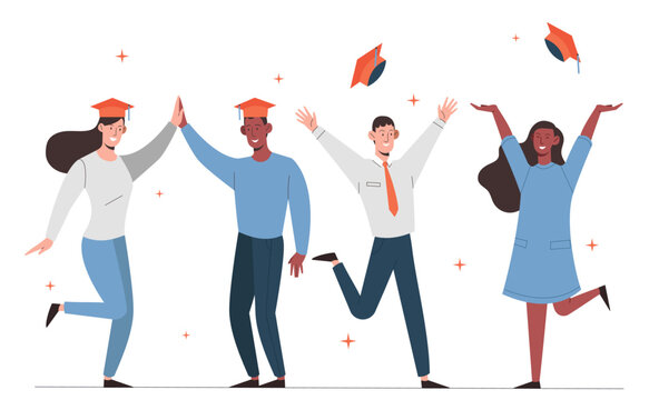 Happy students concept. Men and women in graduation hats celebrate success. Young professionals and hardworking bachelors. Education and training. Cartoon flat vector illustration