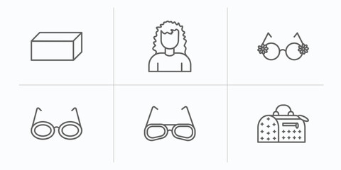 woman clothing outline icons set. thin line icons such as rectangular, curling hair, round eyeglasses, glasses for eyes, glasses, fashionable hand bag vector.