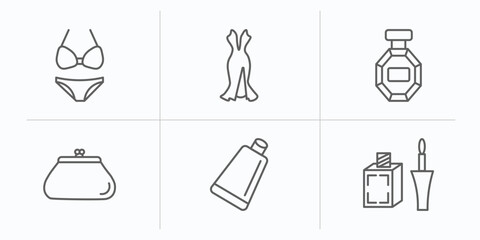 Wall Mural - woman clothing outline icons set. thin line icons such as bikini, sexy female dress, stylish perfume bottle, female wallet, creme container black, liquid eyeliner vector.