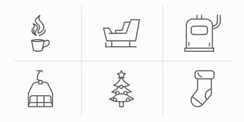 Poster - winter outline icons set. thin line icons such as hot tea, , heater, ski lift, christmas tree, christmas sock vector.