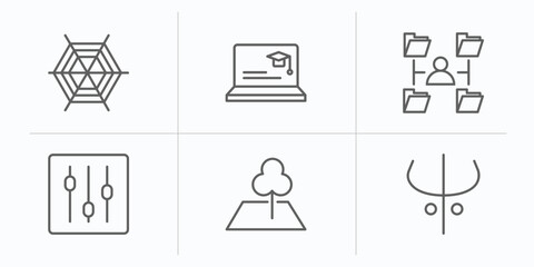 Poster - web outline icons set. thin line icons such as cobweb and spider, looking for students, multitasking man, slider, land, darkness vector.