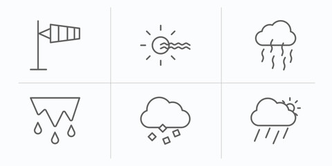 Poster - weather outline icons set. thin line icons such as anemometer, foggy day, smog, thaw, ice pellets, downpour vector.